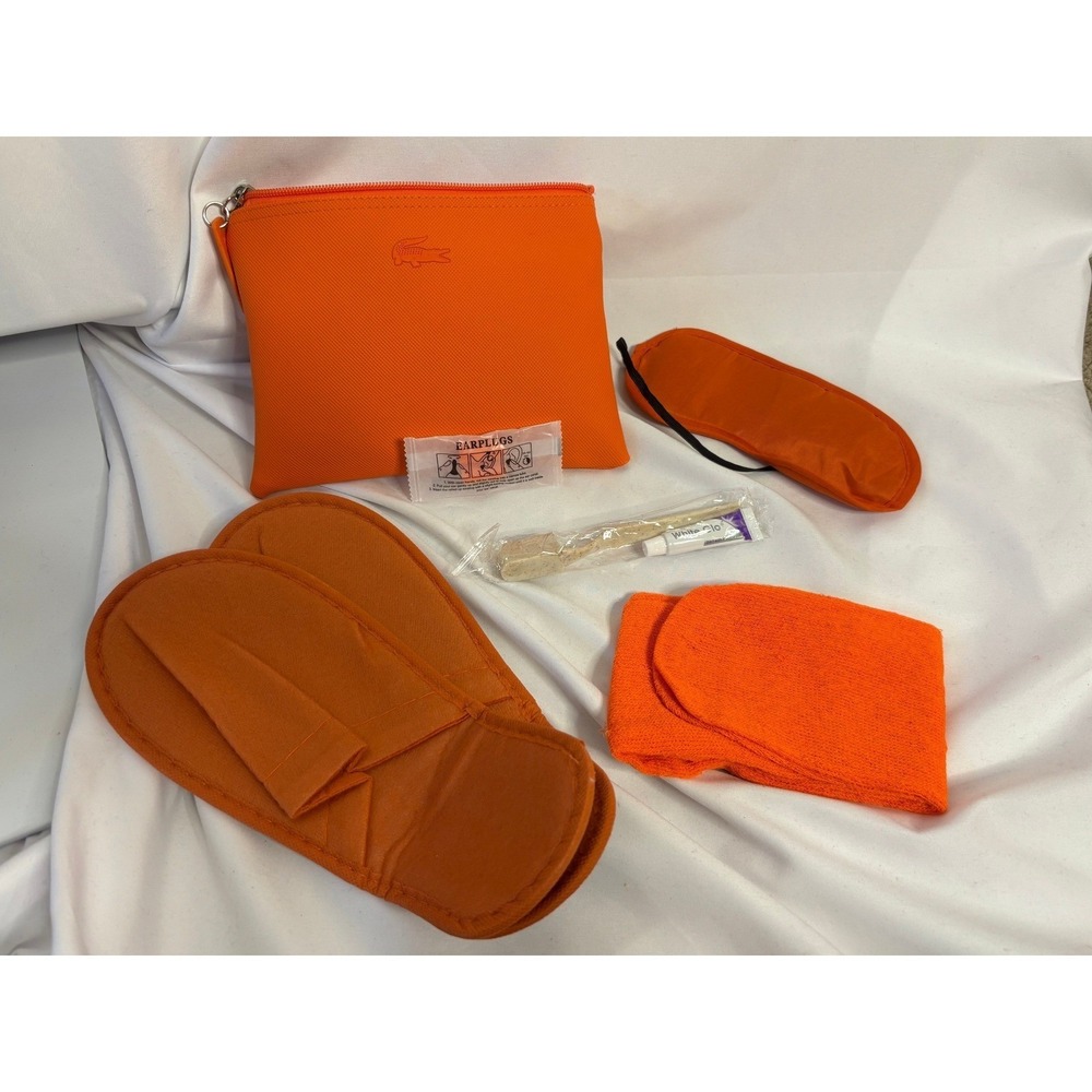 Lacoste Turkish Airlines Amenity Kit Orange Pouch Travel Set Slippers Mask NEW - Picture 2 of 7